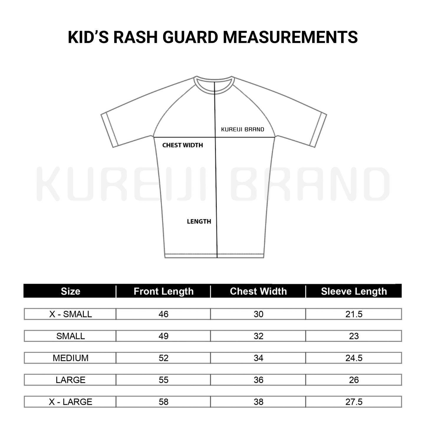 Kureiji Kids Rashguard Size Chart BJJ Brazilian Jiu Jitsu No-Gi