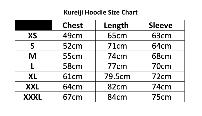 Kureiji Hoodie Jumper Size Chart