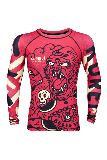 Stylised image of a Gorilla battling with a snake on a red martial arts rashguard